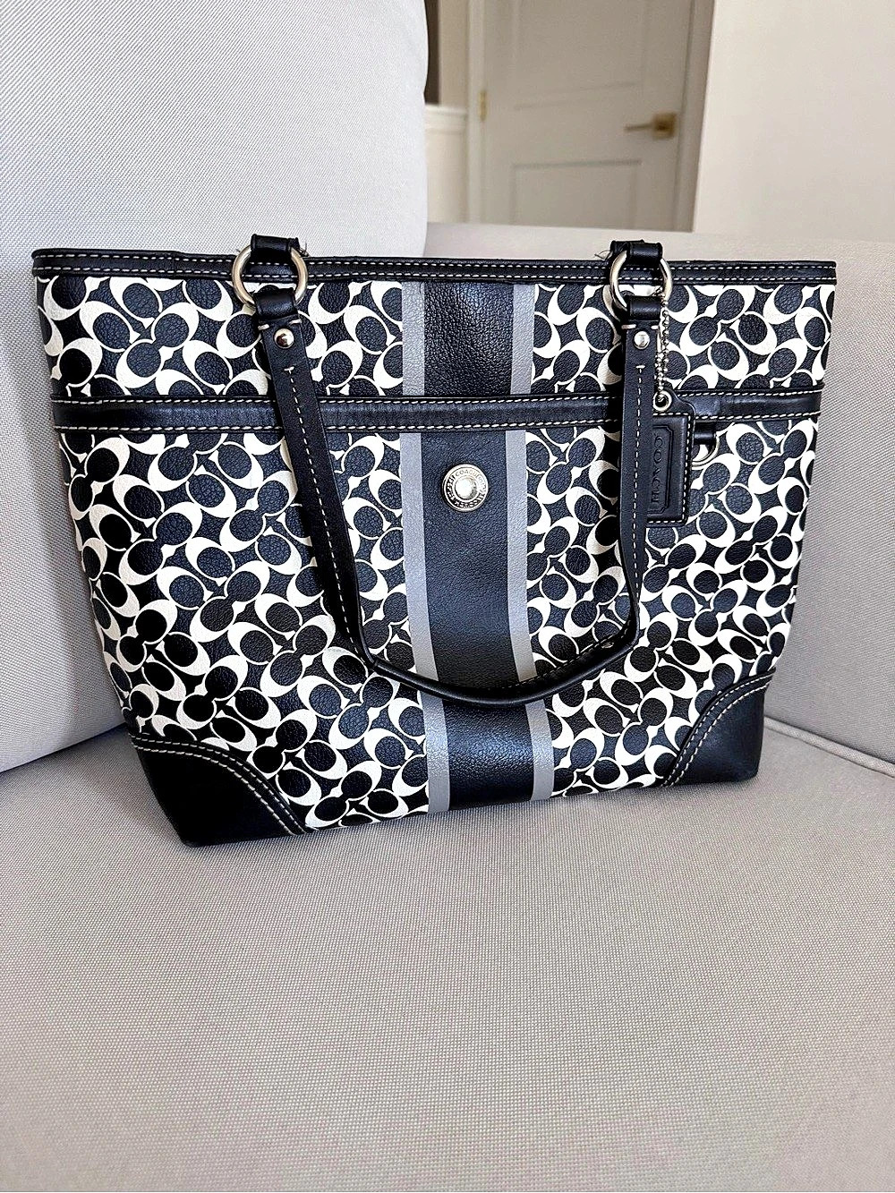 Coach Signature Stripe Tote in Black & White